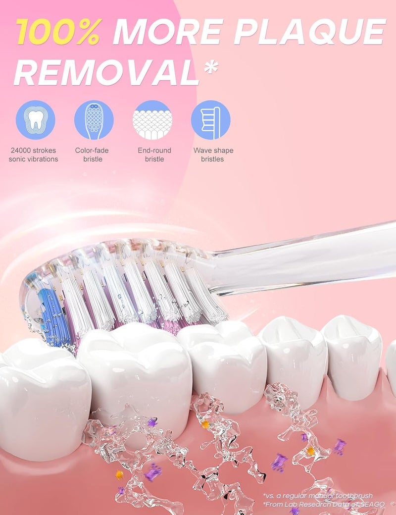 Seago Kids Electric Toothbrush with 2 Mins Brushing Timer and 8 Replacement Bursh Heads,Rainbow LED Light Make Brushing Fun, Pink Color Girls Battery Powerd Toothbrush for 4-12 Years Old - Image 4